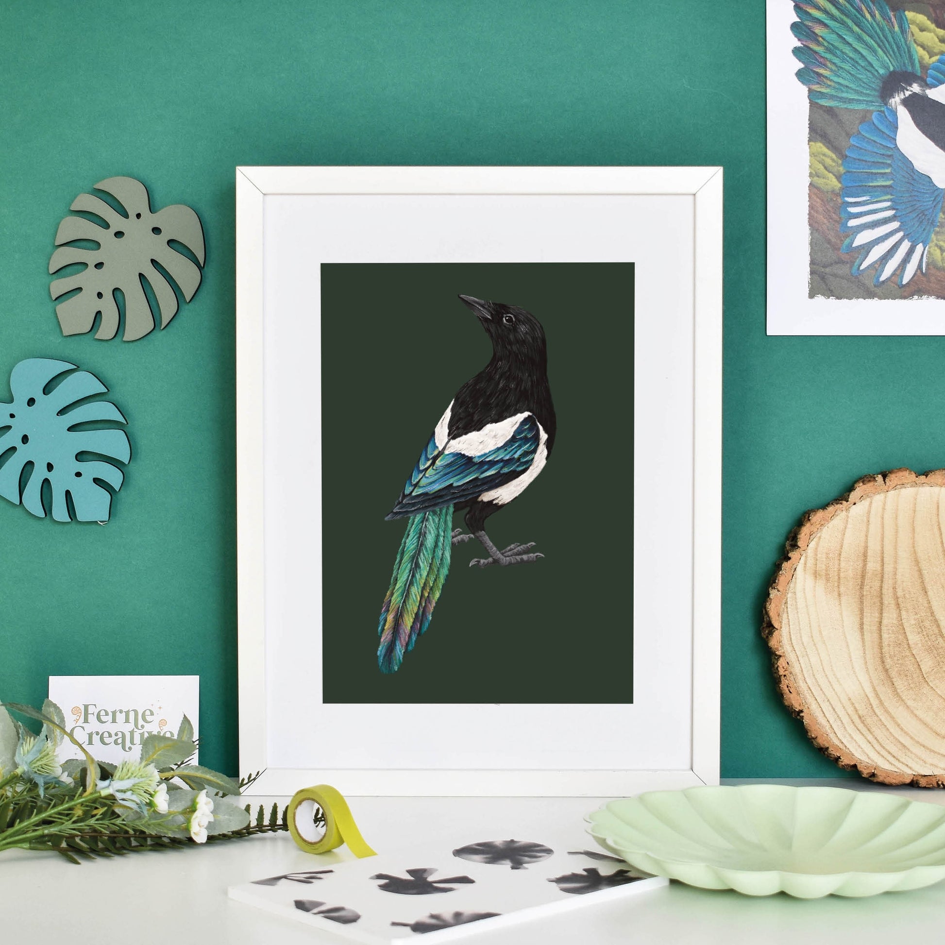 Magpie illustration, folklore art, Gothic wall art, Magpie art, Bird illustration, crow print, witch decor, goblincore decor, turquoise