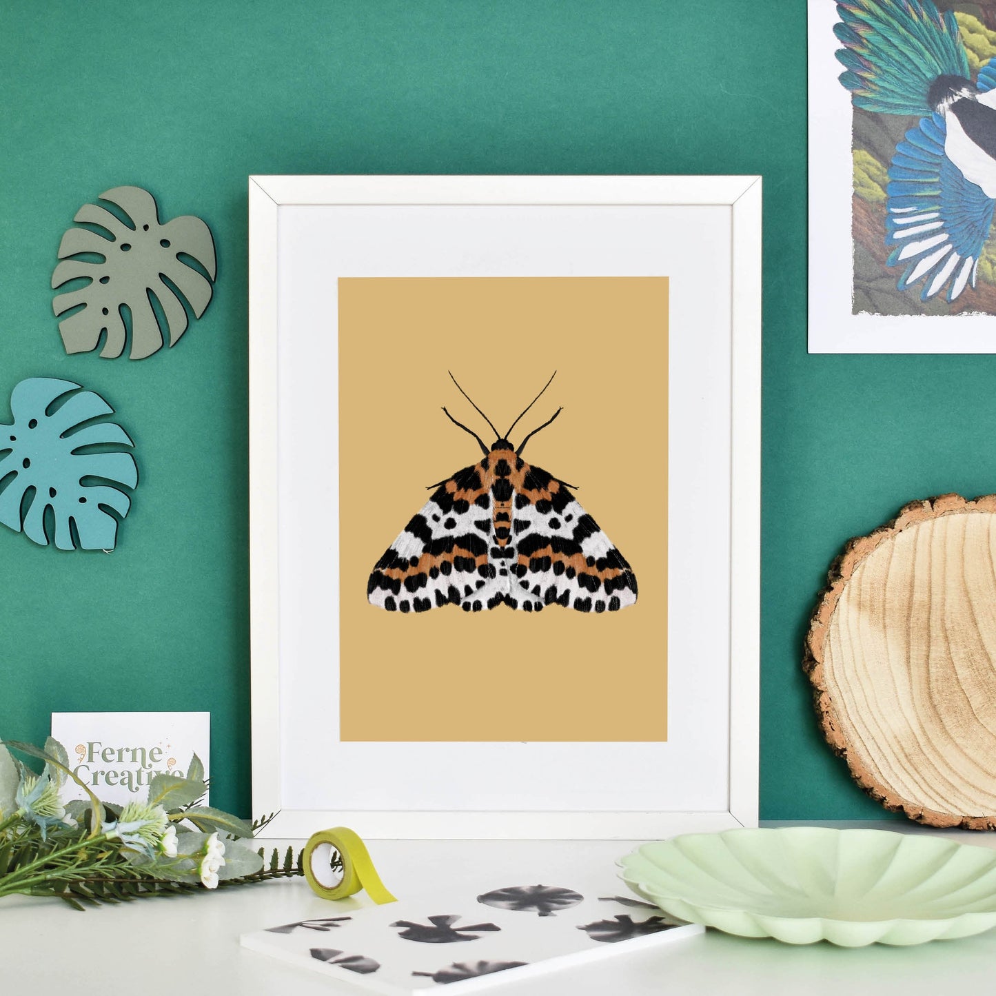 Moth illustration, Magpie moth, Entomology prints, bugs and insects, Mustard yellow decor, nature lover gifts, colourful insects in a frame